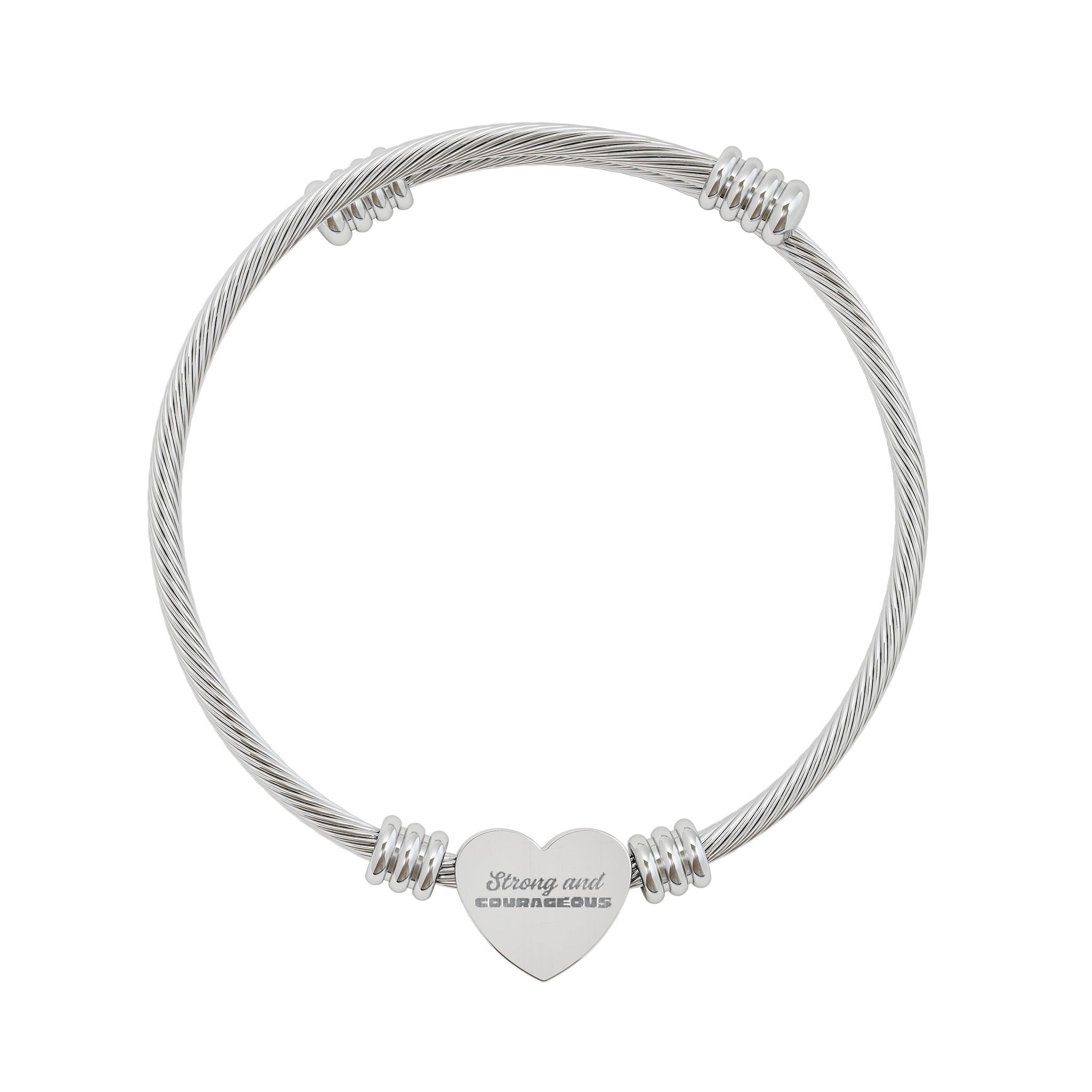 "Strong And Courageous" Engraved Heart Cable Cuff Bracelet